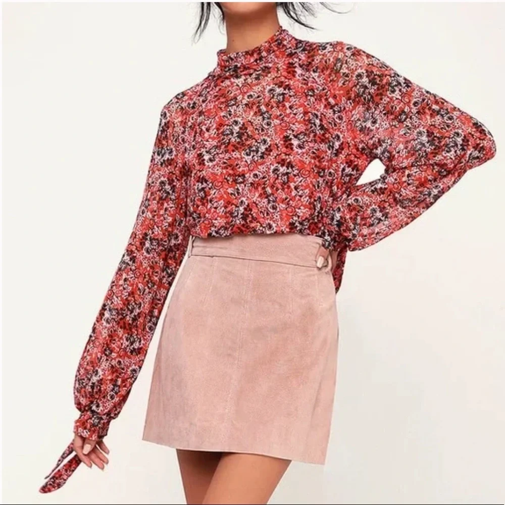 Free People All Dolled Up Mesh Orange Florals Long Sleeve Top Size S